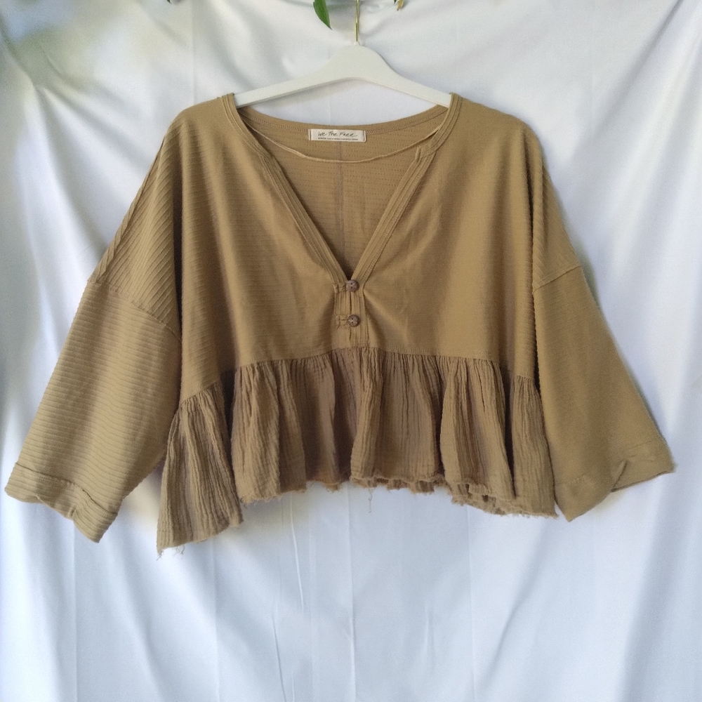 We The Free Shirt Womens Size M Cropped Mixed Media Oversized Brownish Green